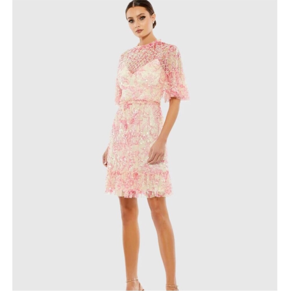 Flounce Sleeve Floral Rose/Cream Embellished Dress Size 6